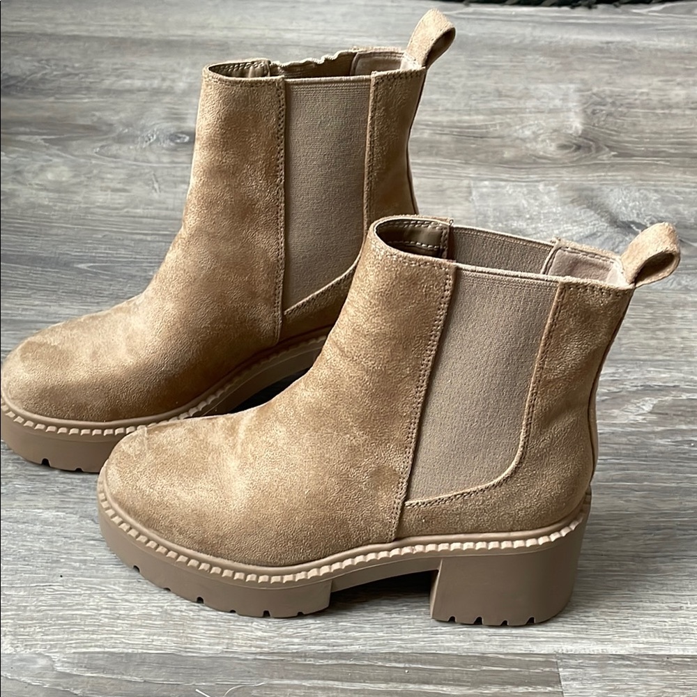 Madden Girl Tan Chelsea Ankle Booties with Block Heel